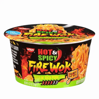 Nissin Hot & Spicy Fire Wok Sizzlin Rich Pork Flavor Asian Noodles in Sauce
